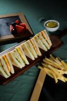 Assorted Club Sandwich isolated on wooden with mayonnaise dip and french fries bucket board side view of italian fast food on background photo