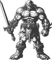 orc warrior with sword full body images using Old engraving style vector