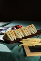 Assorted Club Sandwich isolated on wooden with mayonnaise dip and french fries bucket board side view of italian fast food on background photo