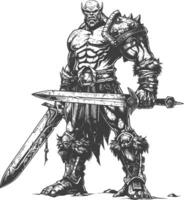 orc warrior with sword full body images using Old engraving style vector