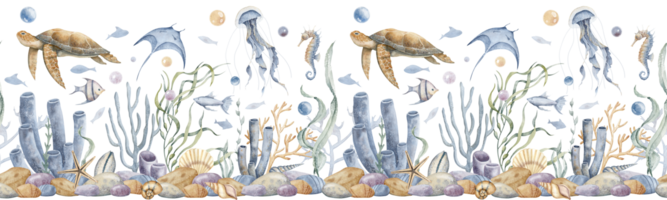 Underwater seamless banner with sea animals and fish on isolated background. Hand drawn watercolor illustration with tropical marine flora. Undersea pattern with seabed, corals, reefs and seaweeds. png