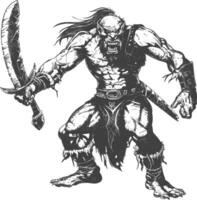 orc warrior with sword full body images using Old engraving style vector