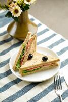 Mortadella and Multigrain Bread sandwich topping with black olive served in plate isolated on napkin side view of breakfast food photo