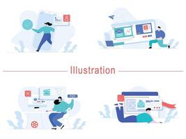 Digital Marketing illustrations Mega set Collection of scenes with men and women taking part in business activities Trendy style vector