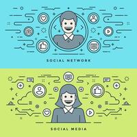 Flat line Social Media and Network Concept illustration. Modern thin linear stroke icons. Website vector