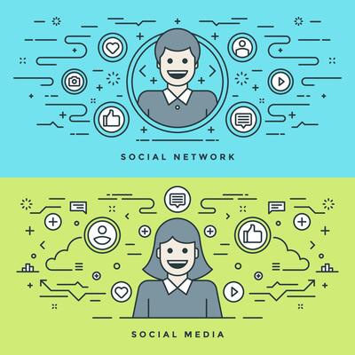 Flat line Social Media and Network Concept illustration. Modern thin linear stroke icons. Website