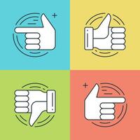 Flat line icons set. Thin linear stroke Hands, Thumbs up or like icon, Finger pointing social media symbols. vector