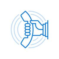 Hand holds out telephone receiver line icon. Calling subscriber and maintaining connection. vector