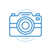 Camera symbol line icon. Equipment quality photos with flash and scene capture button. vector