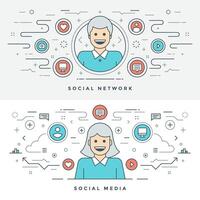 plano línea social medios de comunicación y red concepto ilustración. vector