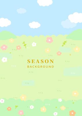 Cute illustration style texture background of green grass flower with blue sky white cloud in spring and summer season