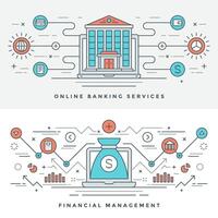 Flat line Banking and Financial Management Concept illustration. Modern thin linear stroke icons. vector