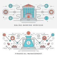 Flat line Banking and Financial Management Concept illustration. Modern thin linear stroke icons. vector