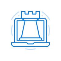 Chess online line icon. Ancient competitive strategy game. Large rook on laptop screen. vector