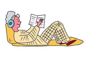 un niña en pijama mentiras en el cama y lee un libro. mano dibujado ilustración. vector