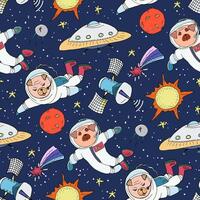 Hand draw space seamless pattern with cute pugs astronauts. vector