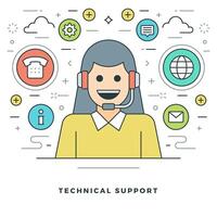 Flat line Technical Support Concept illustration. Modern thin linear stroke icons. vector