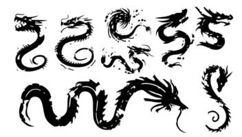Ink Chinese dragon brushstroke set illustration. Art symbol animal tattoo chinese and brushstroke sign. Handwriting silhouette icon tribal element vector
