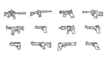 línea icono pistola colocar. contorno símbolo arma seguridad y militar bala. editable carrera delincuente pictograma. juego pistola y rifle en sencillo diseño juego. soldado munción vector