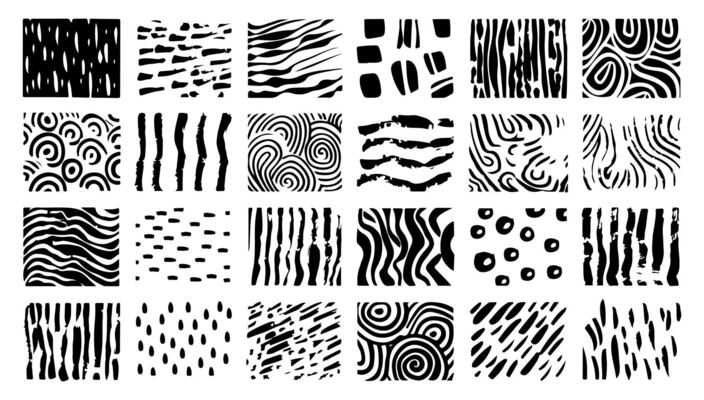 Hand drawn doodle texture illustration set black and white. Scribble marker and ink patterns. Hand drawing texture