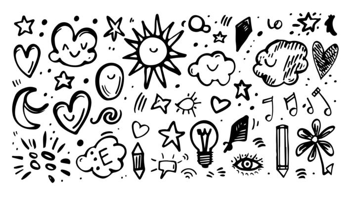 Doodle sketch element set black and white icon. Art design symbol and scribble abstract shape. Curve and simple stroke collection element. Cartoon drawing