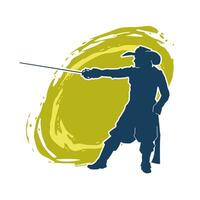 Silhouette of a male warrior in action pose with sword weapon. Silhouette of a man fighter carrying sword weapon. vector