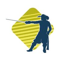 Silhouette of a male warrior in action pose with sword weapon. Silhouette of a man fighter carrying sword weapon. vector