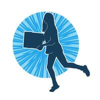 Silhouette of a slim young female lifting cardboard box vector