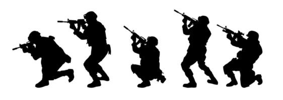 Silhouette collection of male soldier carrying machine gun weapon. vector