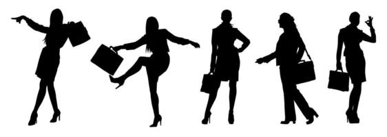 Silhouette collection of business woman carrying briefcase in expressive pose vector