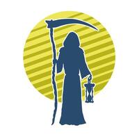 Silhouette of a grimreaper character or angel of death carrying scythe weapon and sand hour glass vector