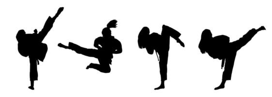 Silhouette collection of martial art women kicking pose. Silhouette of female warriors in action pose. vector