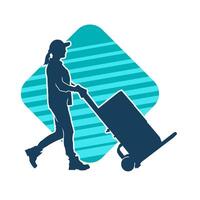 Silhouette of a female worker pushing lori wheels transporting cardboard boxes vector