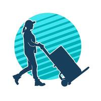 Silhouette of a female worker pushing lori wheels transporting cardboard boxes vector