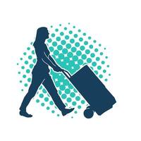 Silhouette of a female worker pushing lori wheels transporting cardboard boxes vector