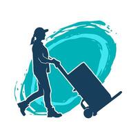 Silhouette of a female worker pushing lori wheels transporting cardboard boxes vector