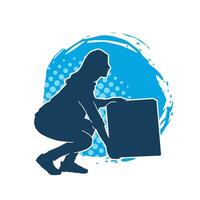 Silhouette of a slim young female lifting cardboard box vector