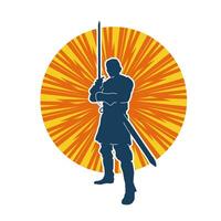 Silhouette of a male warrior wearing war armor suit in action pose using a sword weapon. vector