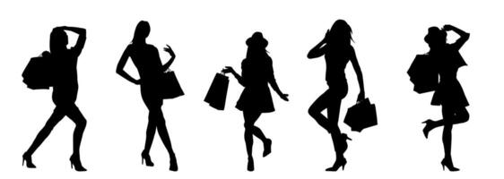 Silhouette collection of slim young woman carrying shopping bags. vector