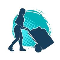 Silhouette of a female worker pushing lori wheels transporting cardboard boxes vector