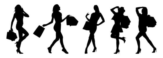 Silhouette collection of slim young woman carrying shopping bags. vector