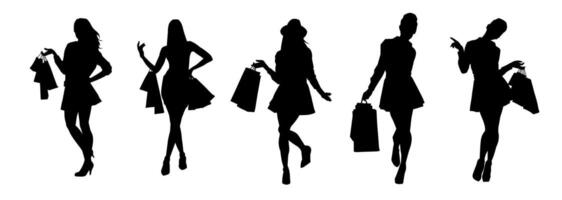 Silhouette collection of slim young woman carrying shopping bags. vector