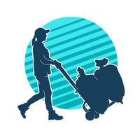 Silhouette of a female worker pushing lori wheels transporting sacks vector