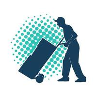 Silhouette of a male worker pushing a lori wheels transporting cardboard boxes vector