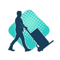 Silhouette of a male worker pushing a lori wheels transporting cardboard boxes vector