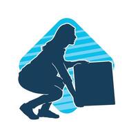 Silhouette of a slim young female lifting cardboard box vector