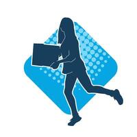 Silhouette of a slim young female lifting cardboard box vector