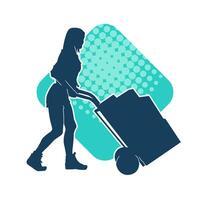 Silhouette of a female worker pushing lori wheels transporting cardboard boxes vector