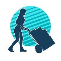 Silhouette of a female worker pushing lori wheels transporting cardboard boxes vector