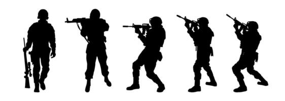 Silhouette collection of male soldier carrying machine gun weapon. vector